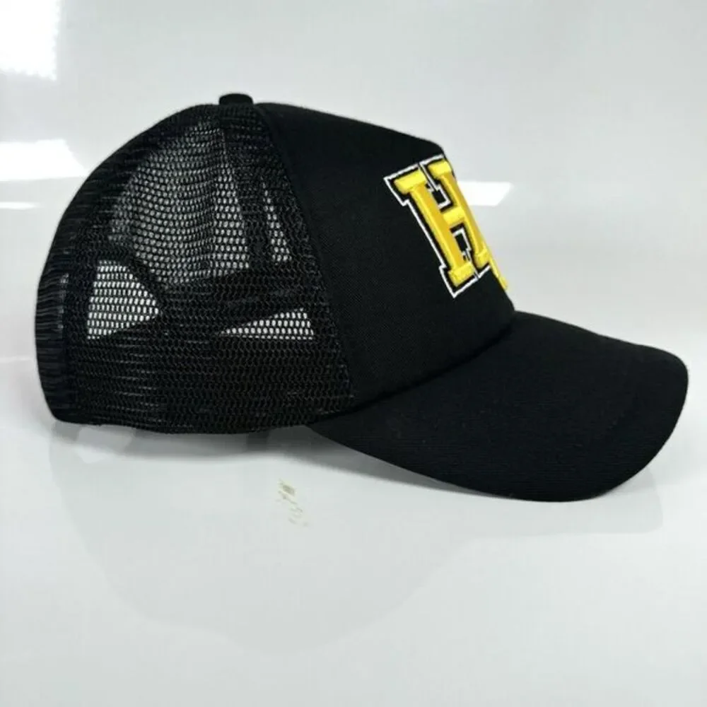 Homme Femme HF Varsity Font Trucker Hat SnapBack Black Yellow Letterman OSFA‎